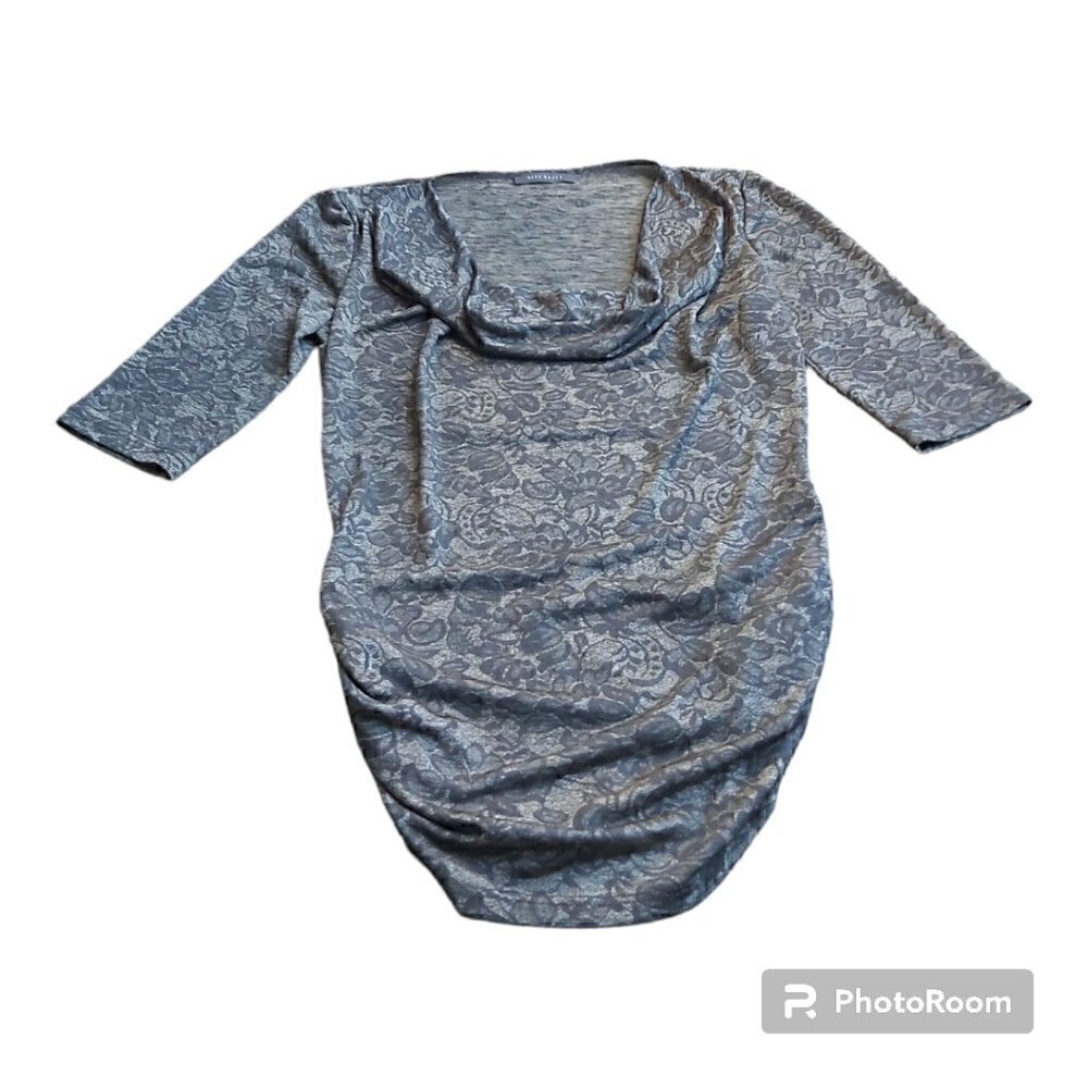 Suzy Shier Floral Gray/Silver 3/4 Sleeve Cowl Neck Shirt - Polyester/Spandex XS